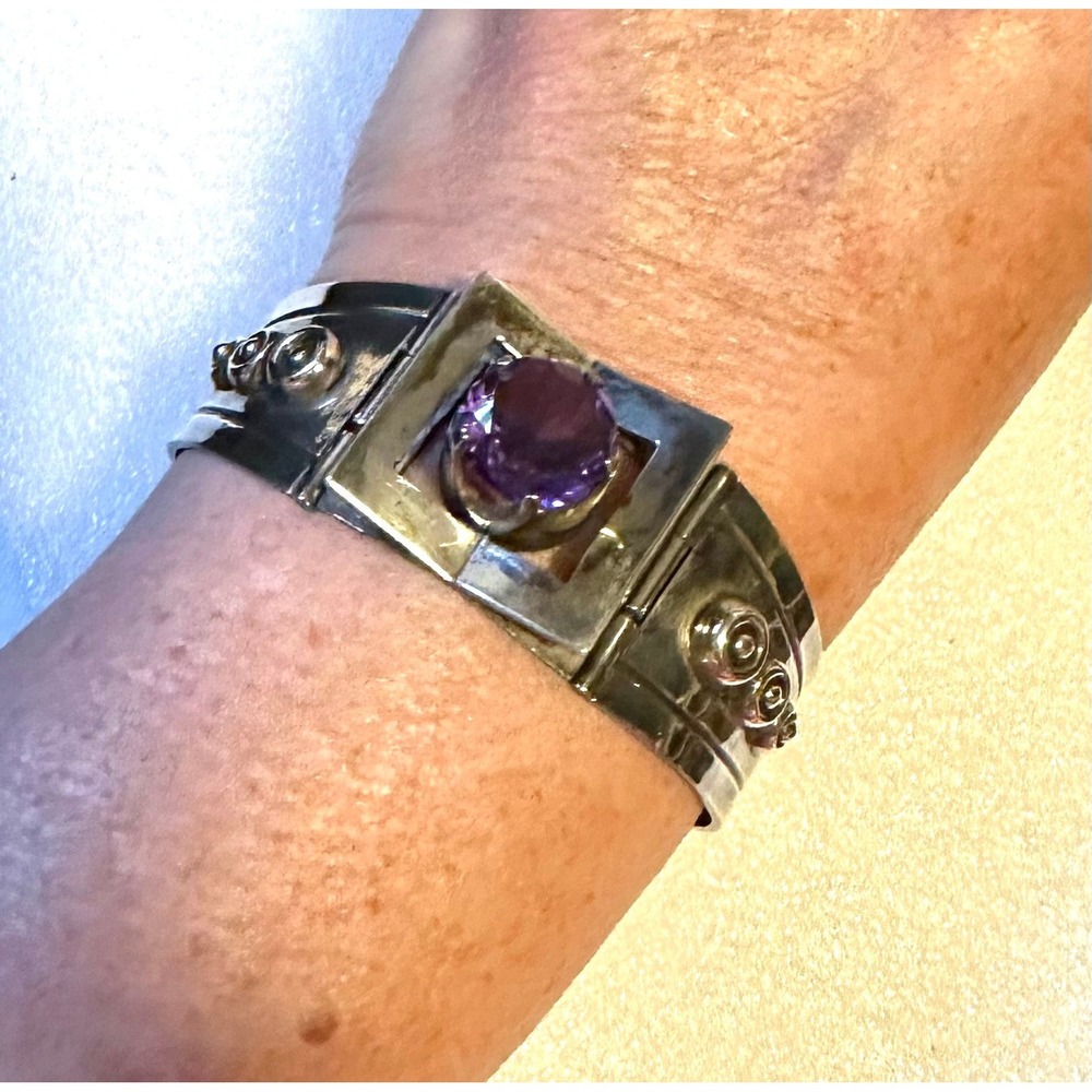 Vintage Mexico Sterling Silver & Amethyst Modernist Cuff Hinged Bracelet